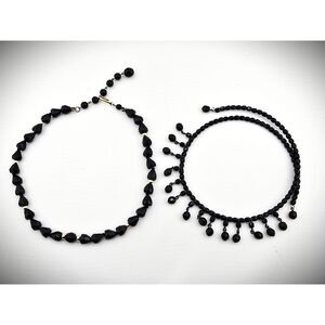 Black Glass Choker Necklace Lot of 2 Vintage Teardrops Dangles Memory Wire Goth